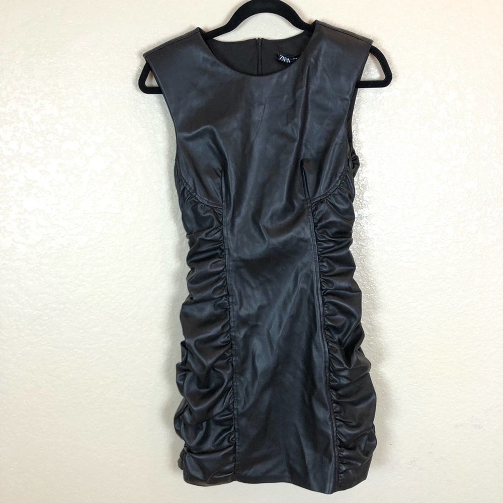 NWOT Zara Blogger Faux Leather Ruched Mini Dress. - Picture 5 of 10